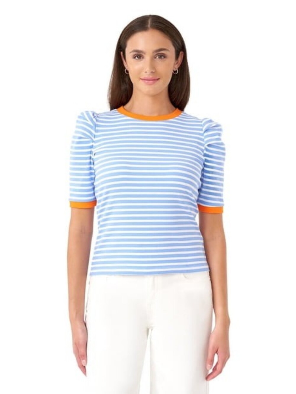 Rebecca Minkoff Women's Puff Sleeve Top Blue White Orange Stripes Size XL